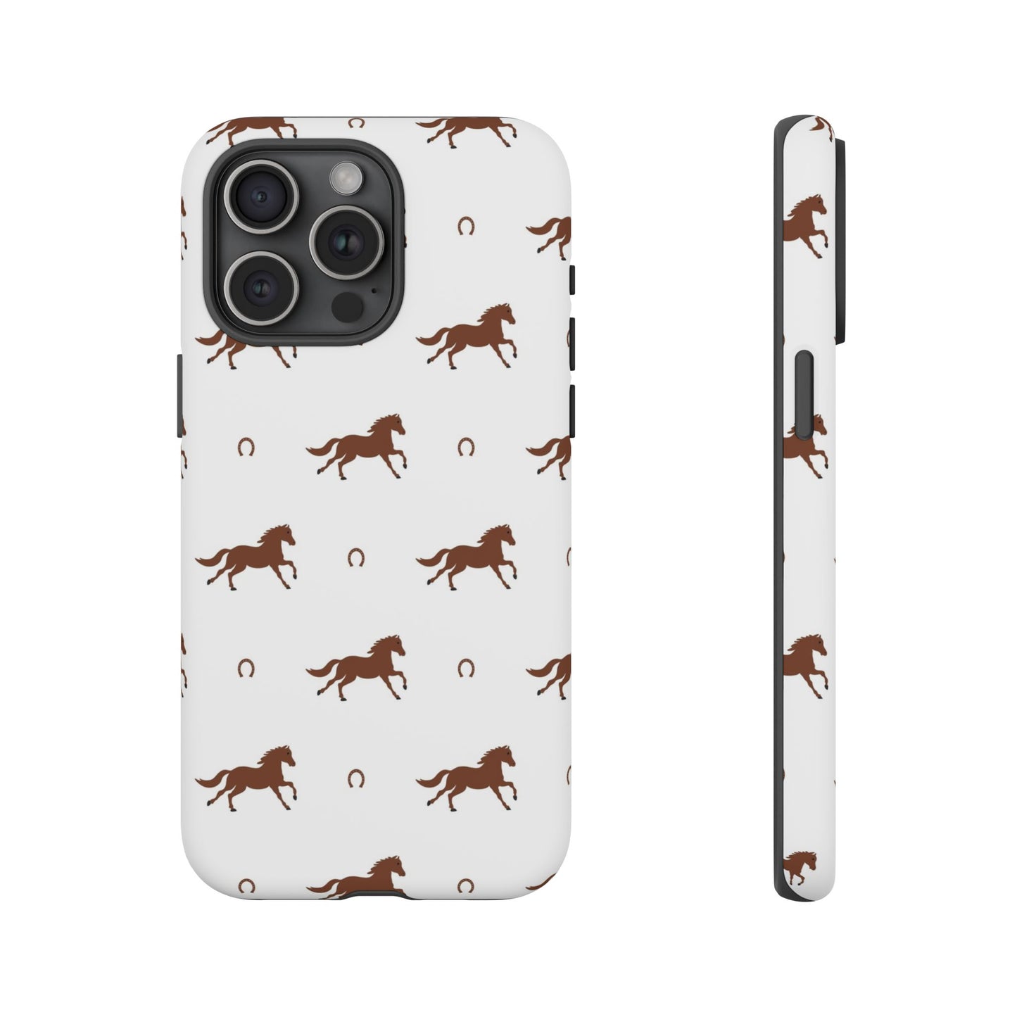 Horse Pattern Tough Phone Case — Brown Galloping Horses & Horseshoes on White