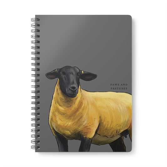 Grey Suffolk Sheep A5 Wirobound Notebook – Lined Journal with 'Paws and Pastures' Design
