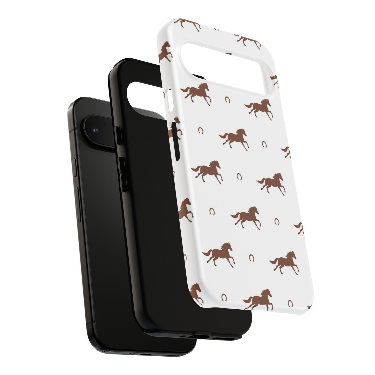 Horse Pattern Tough Phone Case — Brown Galloping Horses & Horseshoes on White