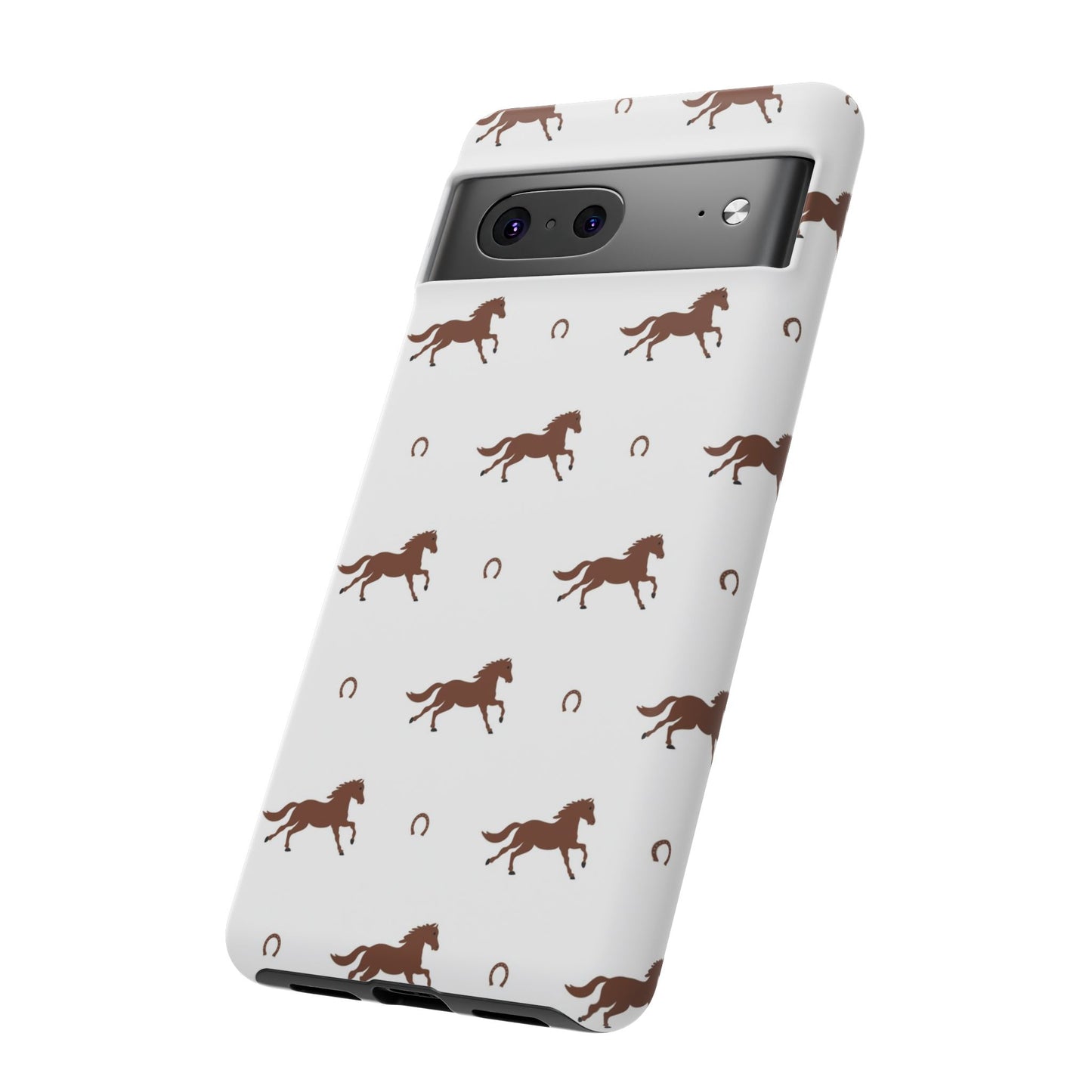 Horse Pattern Tough Phone Case — Brown Galloping Horses & Horseshoes on White