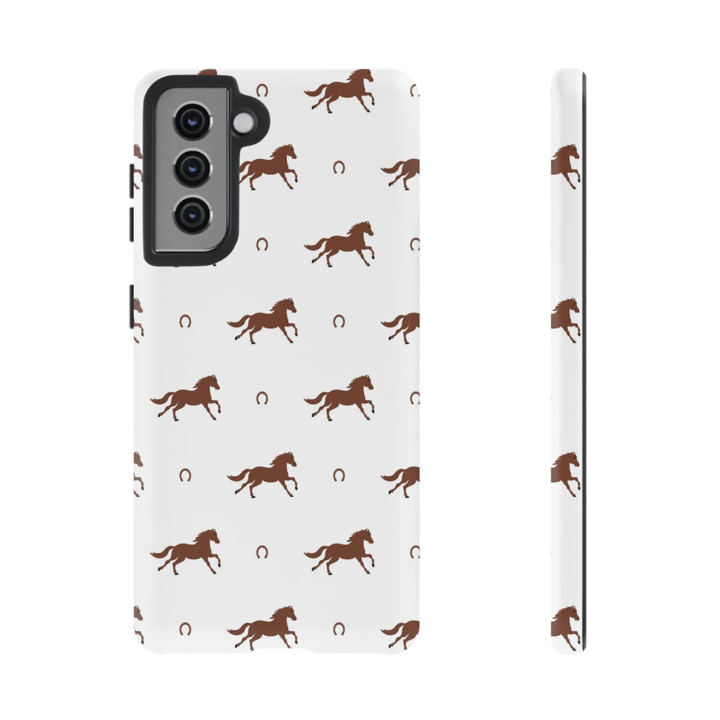 Horse Pattern Tough Phone Case — Brown Galloping Horses & Horseshoes on White
