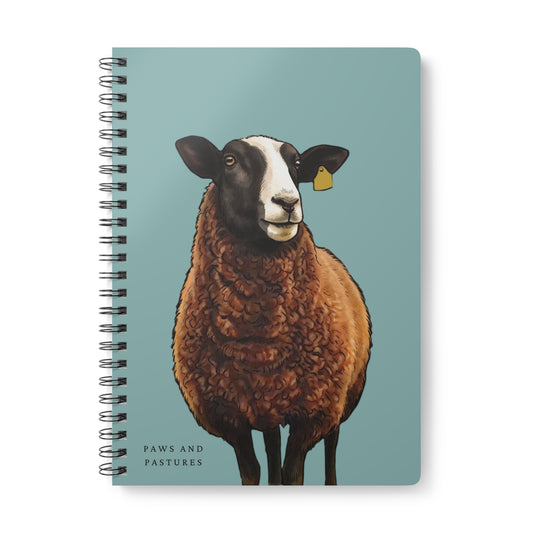 Teal Zwartble Sheep Illustration A5 Spiral Notebook – 'Paws and Pastures' Lined Journal