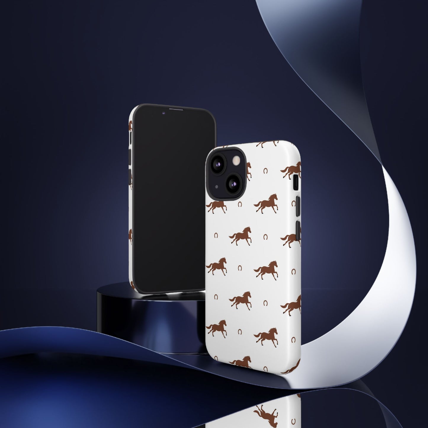 Horse Pattern Tough Phone Case — Brown Galloping Horses & Horseshoes on White