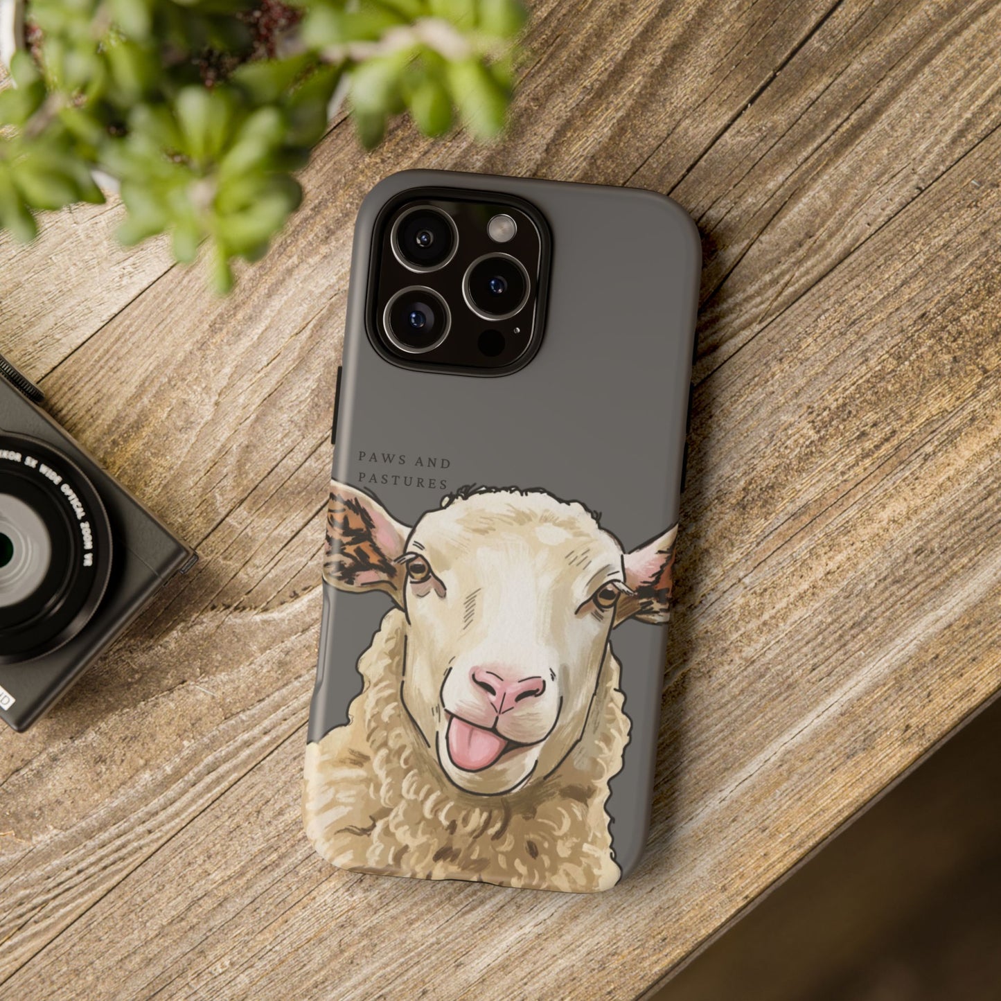 Grey Silly Sheep Phone Case — Cute Tongue-Out Lamb on Pink Protective Tough Case