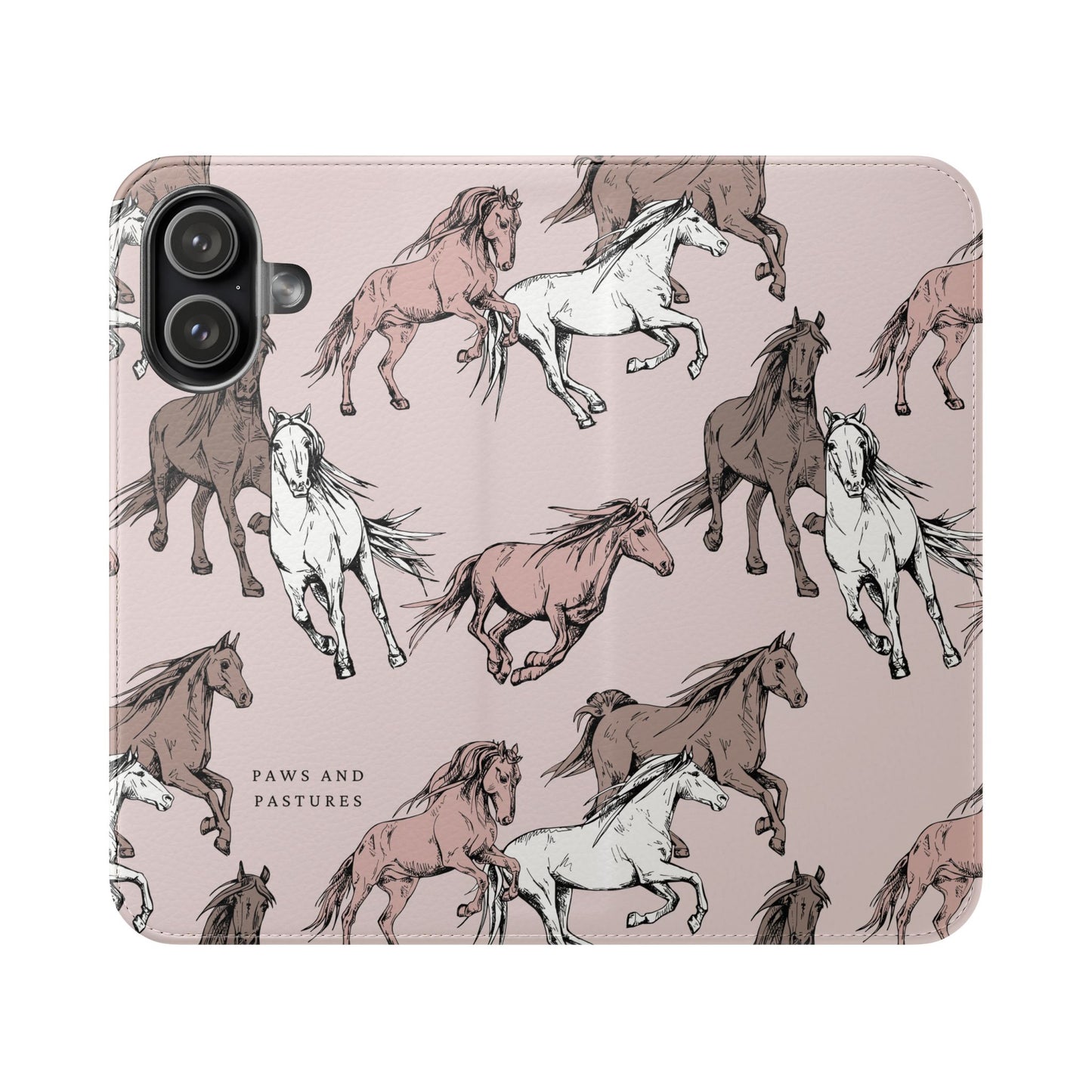 Horse Pattern Flip Phone Case — Pink Running Horses Wallet Cover