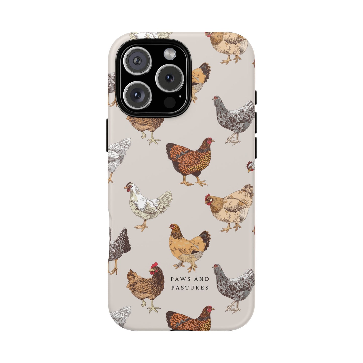 Chicken Pattern Phone Case — Cute Farmyard iPhone Case with 'Paws and Pastures' Text