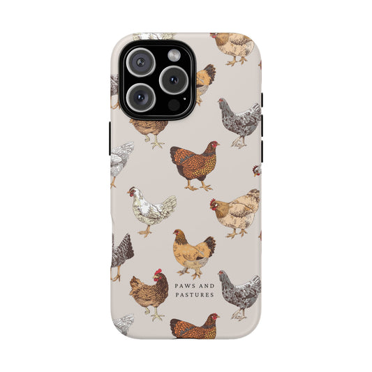 Chicken Pattern Phone Case — Cute Farmyard iPhone Case with 'Paws and Pastures' Text