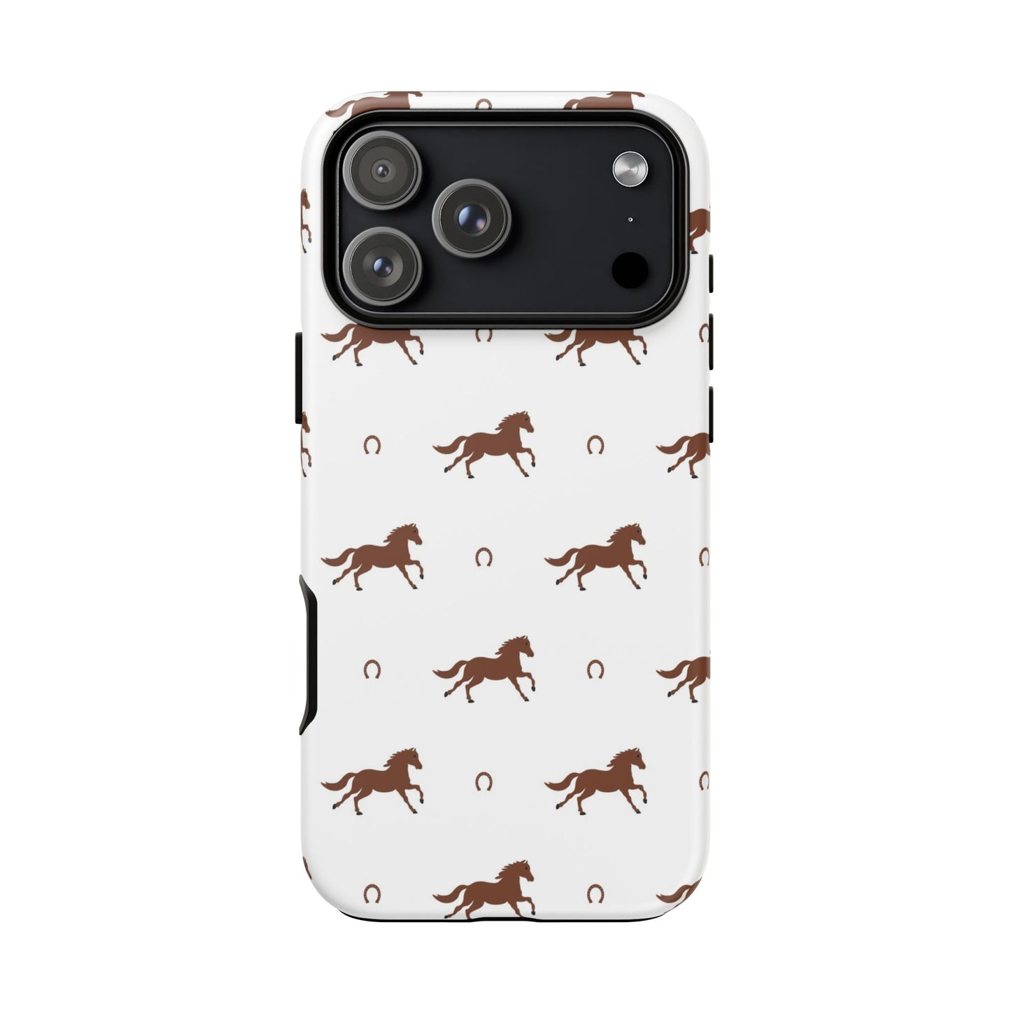 Horse Pattern Tough Phone Case — Brown Galloping Horses & Horseshoes on White