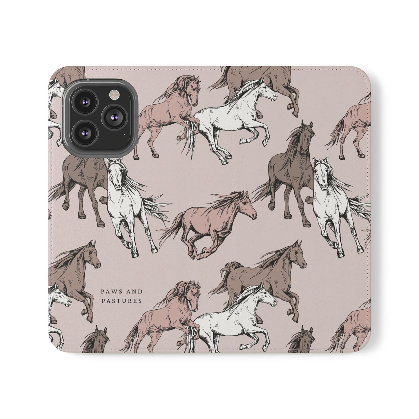 Horse Pattern Flip Phone Case — Pink Running Horses Wallet Cover