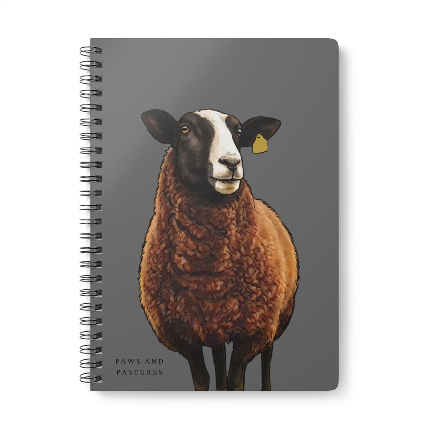 Grey Zwartble Sheep Illustration A5 Spiral Notebook – 'Paws and Pastures' Lined Journal
