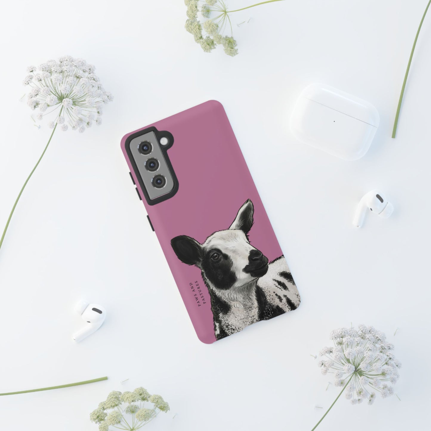 Pink Dutch Spotted Sheep Portrait Phone Case - Black & White Lamb Illustration Protective Cover