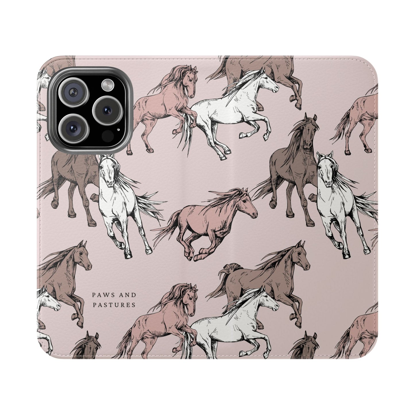 Horse Pattern Flip Phone Case — Pink Running Horses Wallet Cover