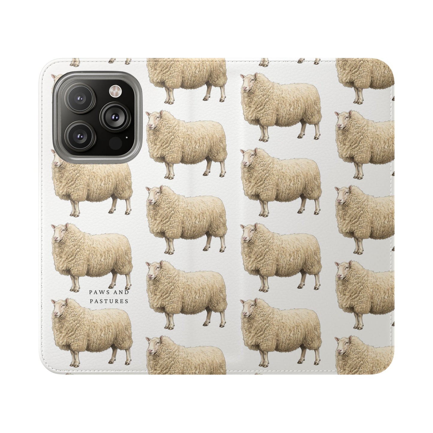 Cheviot Sheep Pattern Flip Phone Case – Cute Pastoral Wallet Cover with Card Slots