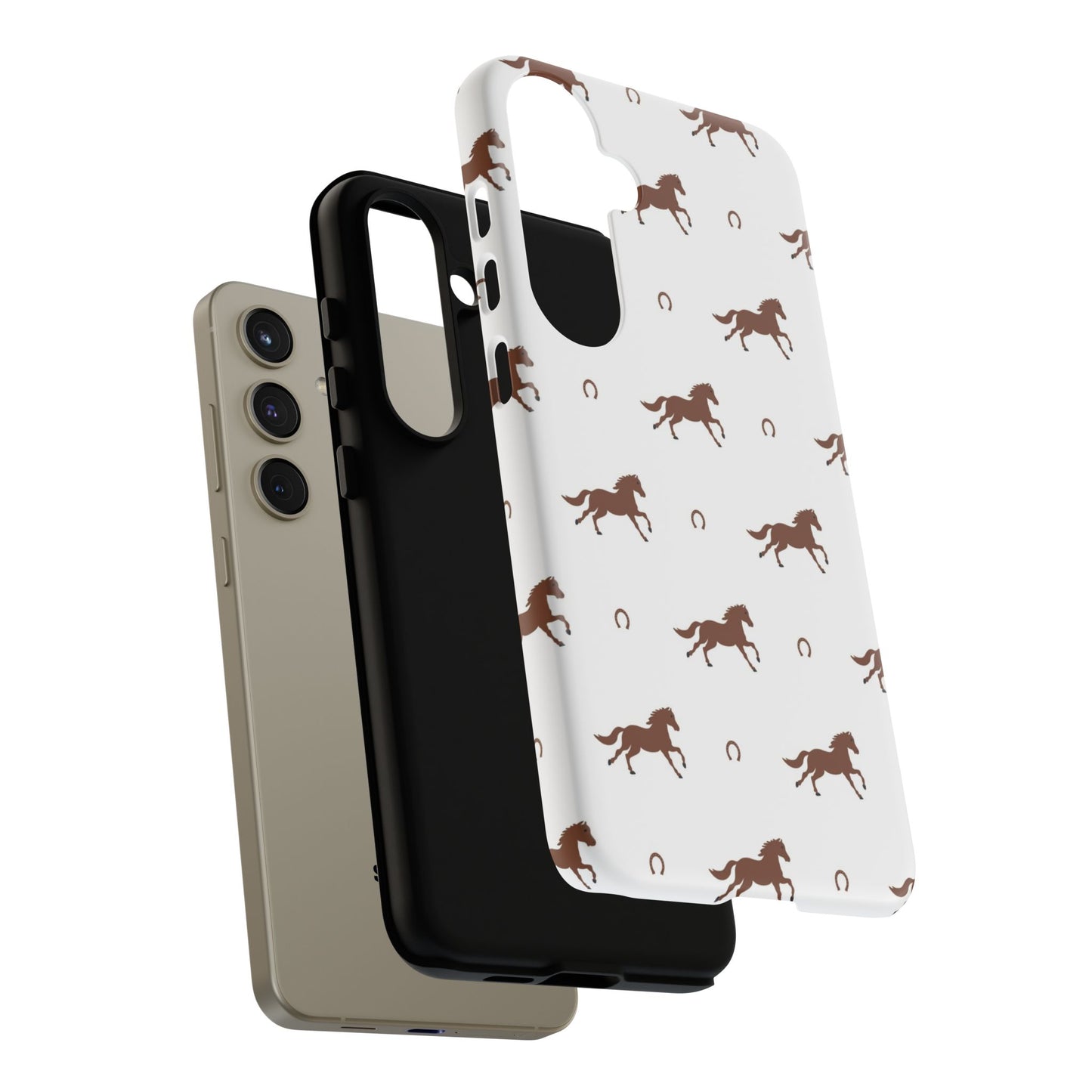 Horse Pattern Tough Phone Case — Brown Galloping Horses & Horseshoes on White