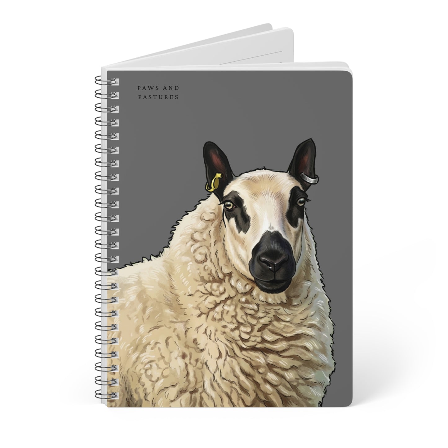 Grey Kerry Hill Sheep Portrait A5 Wirobound Notebook — "Paws and Pastures" Lined Journal