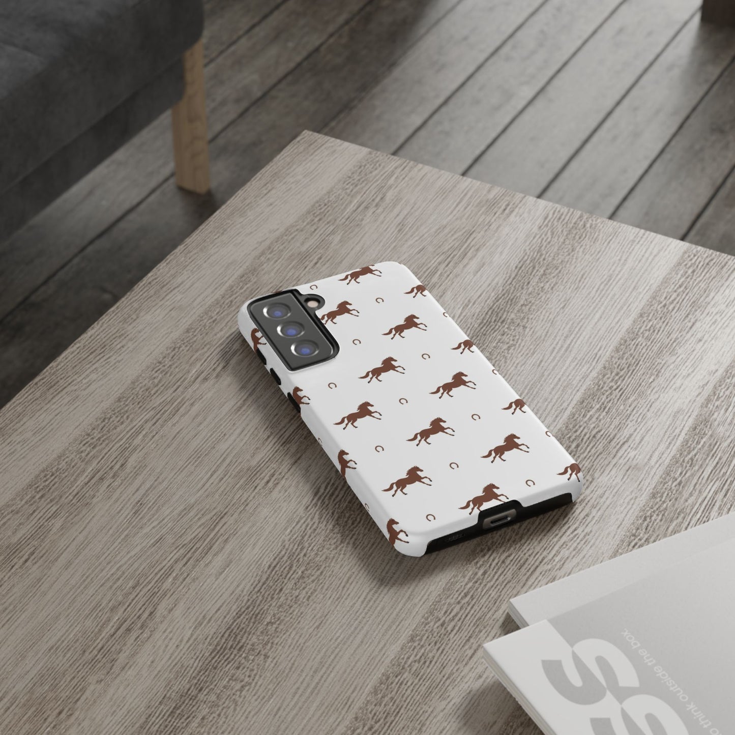 Horse Pattern Tough Phone Case — Brown Galloping Horses & Horseshoes on White