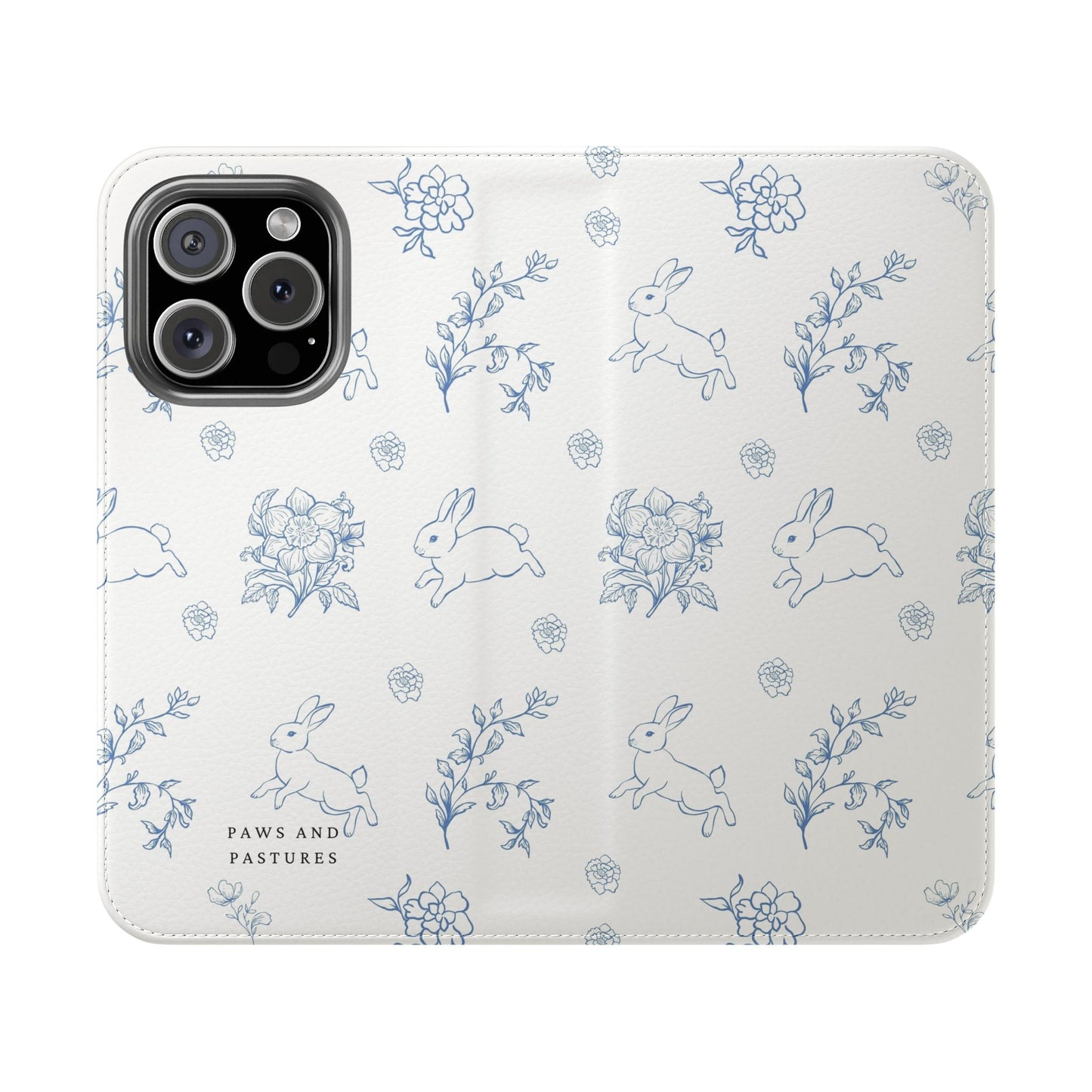 Bunny Pattern Flip Phone Case – Floral Blue Rabbit Wallet Cover