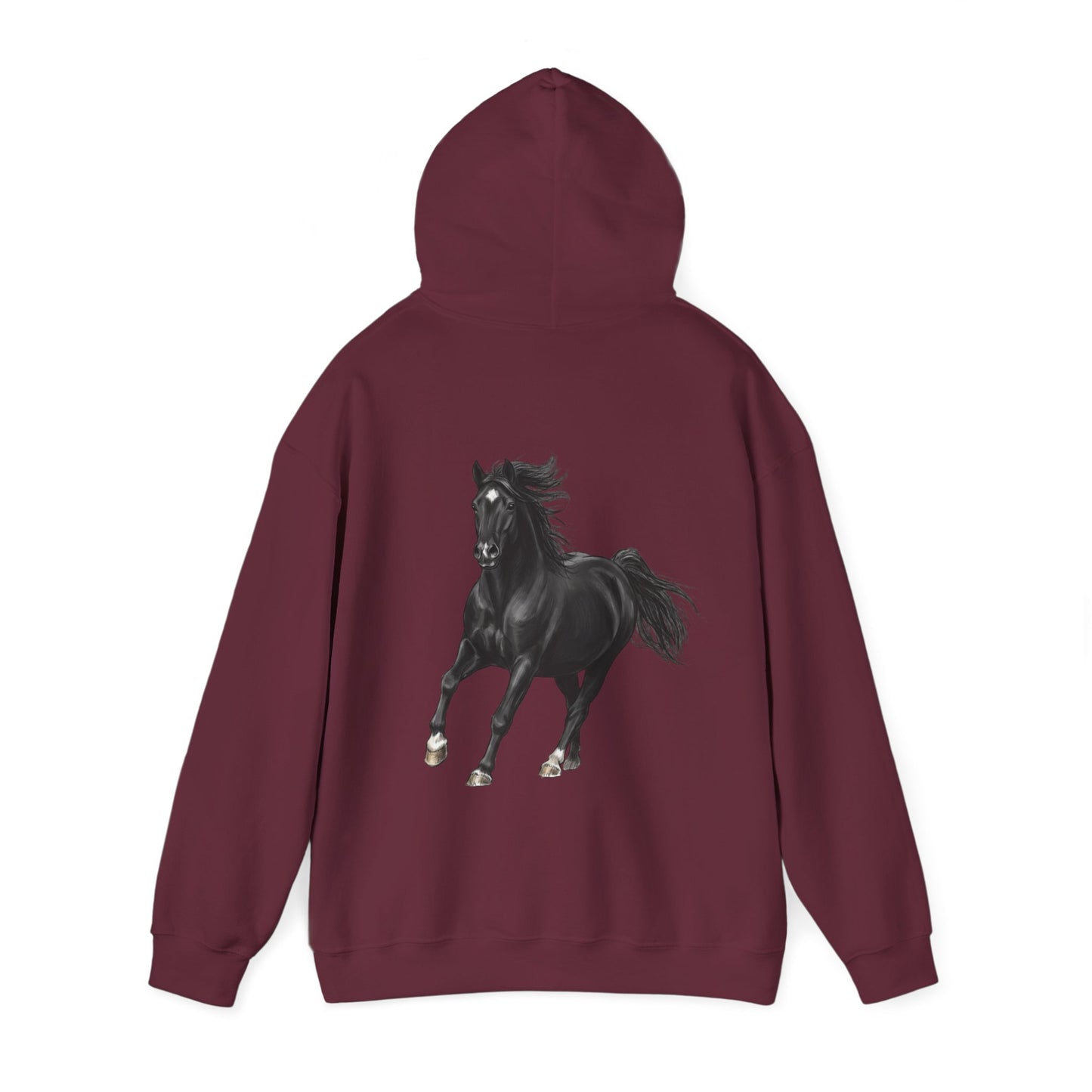 Horse Graphic Hoodie — Black Stallion Back Print, Minimal Front Text