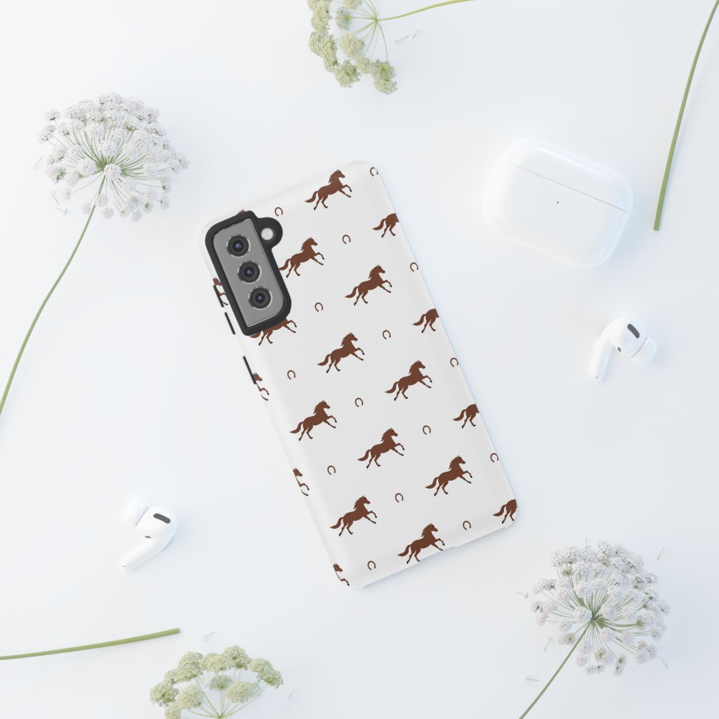 Horse Pattern Tough Phone Case — Brown Galloping Horses & Horseshoes on White