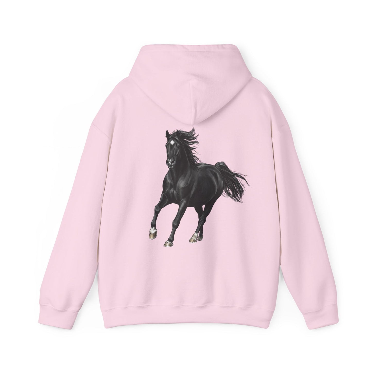 Horse Graphic Hoodie — Black Stallion Back Print, Minimal Front Text