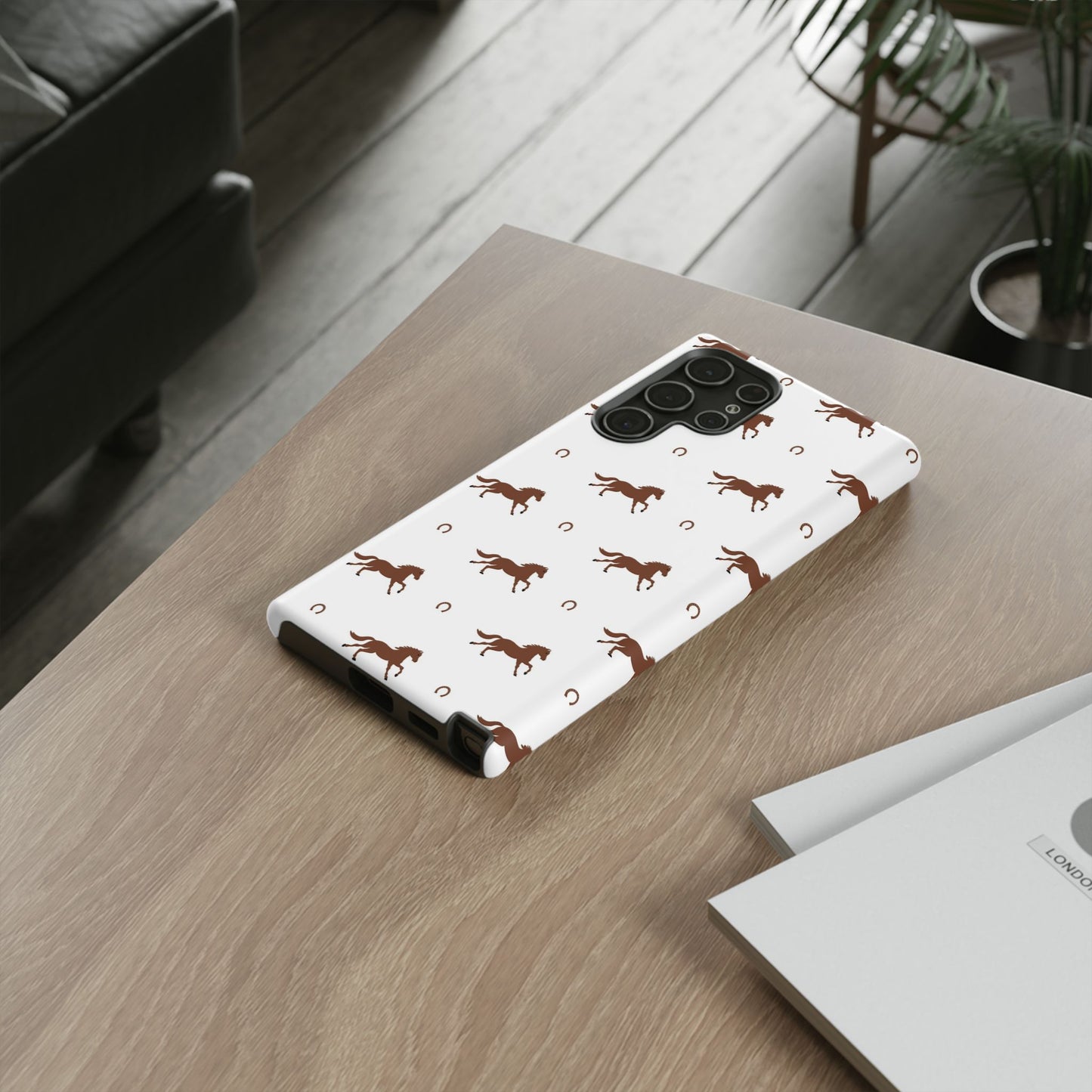 Horse Pattern Tough Phone Case — Brown Galloping Horses & Horseshoes on White