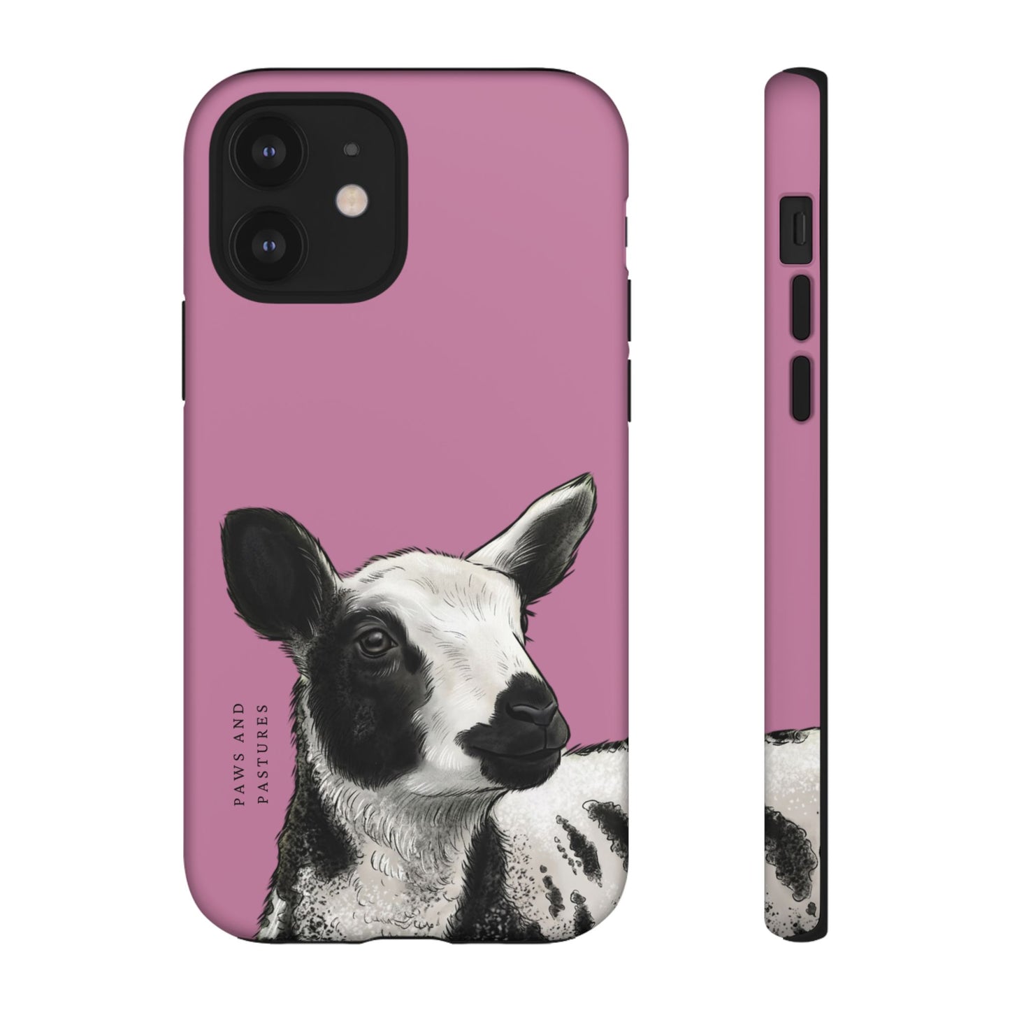 Pink Dutch Spotted Sheep Portrait Phone Case - Black & White Lamb Illustration Protective Cover